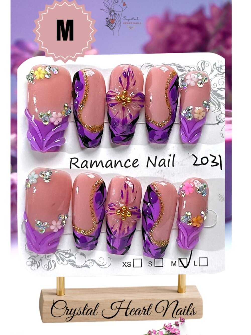 Purple Floral Press-On Nails | 3D Flowers, Gold Glitter & Rhinestone Nail Art